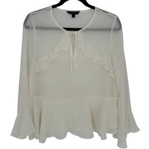 Banana Republic White Ruffled Crew Neck Blouse Long Sleeve Office Party S